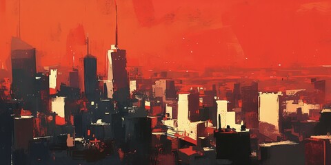 Abstract painting of New York City skyline, red and black color scheme. - obrazy, fototapety, plakaty