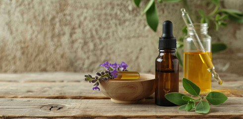 Amber essential lavender oil bottle. Violet lavendar field in Provence.Aromatherapy Lavender oil...