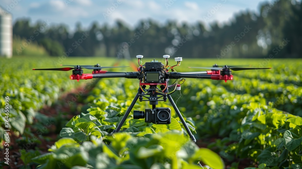 Poster agricultural drone hovering over crop field at midday