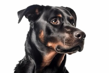 Fototapeta premium Close-up of a serious puppy. Isolated on white background. AI generated. 
