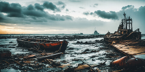 Shipwrecked World. Post-apocalyptic coastal scene with sunken ships, washed-up debris