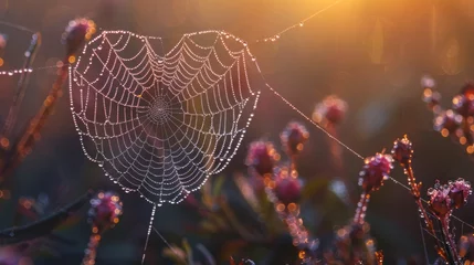 Fotobehang Spider web covered in dew drops in the morning © VISUAL BACKGROUND