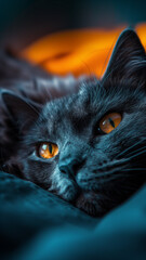 Stories template or smartphone background with black cat with orange eyes. The intricate details of the cats amber eyes stand out against its dark fur