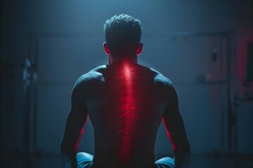 A persons back highlighted in red experiencing acute pain possibly from sports injuries or overtraining. Concept Back Pain, Sports Injuries, Overtraining, Pain Management, Physical Therapy - obrazy, fototapety, plakaty
