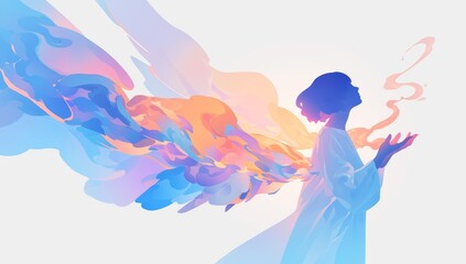 Abstract vector illustration of an angel with large, swirling colorful smoke behind it