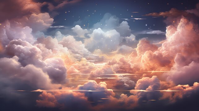 Clouds background in soft, warm, pastel and neutral colors. Aesthetic minimalism wallpaper for social media content. View of sky above clouds. Serene