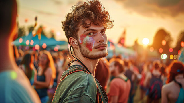 male model looking out over the summer music festival, with a sparkling, glitter crystal face paint