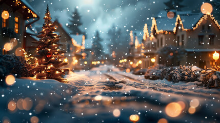 Twinkling lights illuminate a snow-covered street, creating a magical Christmas scene filled with festive cheer