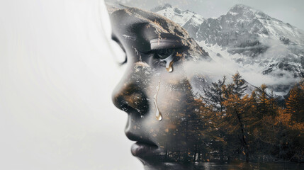 The girl is crying against the background of the forest.