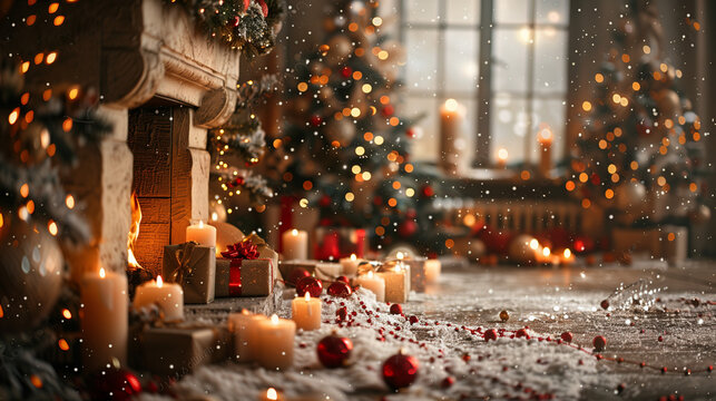 A cozy room filled with a warm glow from countless candles, illuminating a beautiful Christmas tree adorned with sparkling ornaments