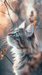 Fluffy cat, its gaze fixed upwards, surrounded by the serene beauty of nature. The soft lighting creates enchanting atmosphere, highlighting the intricate patterns on the cats fur. Stories templates  - 764659698