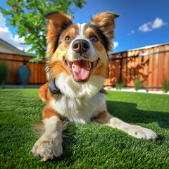 Realistic of a happy dog on grass in the yard