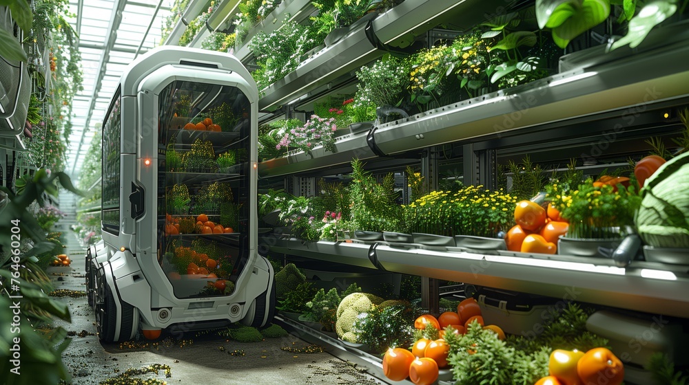 Poster autonomous delivery vehicle collecting fresh produce in a high-tech vertical farm