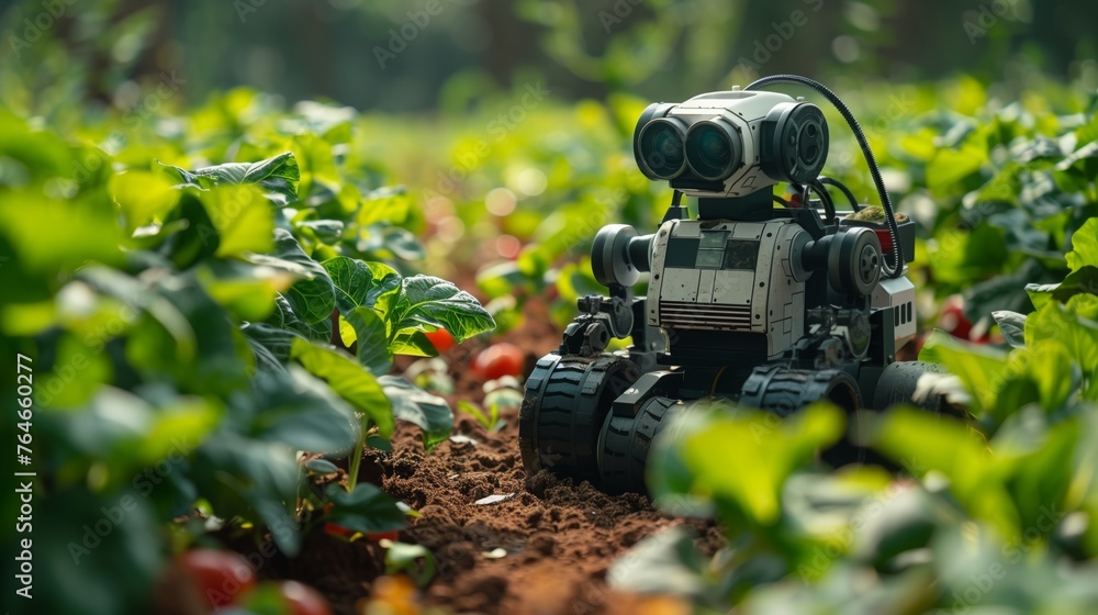 Poster autonomous robot navigating through a vegetable farm at daytime