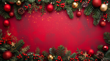 Fototapeta na wymiar A vibrant red background adorned with various Christmas decorations, creating a warm and festive atmosphere