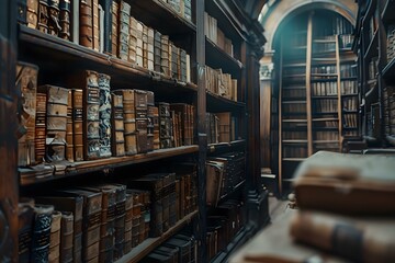 Step back in time with captivating images of ancient libraries filled with weathered volumes of wisdom. Concept Ancient Libraries, Historical Books, Wisdom and Knowledge, Architectural Beauty - obrazy, fototapety, plakaty