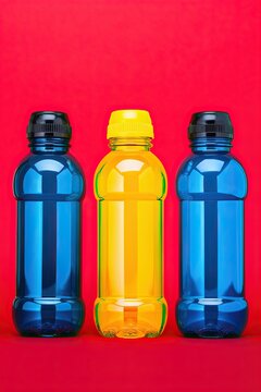 Bright plastic bottles on solid red background