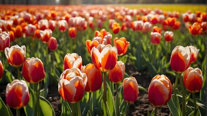 Fotobehang A field of vibrant tulips swaying gently in the breeze under the bright spring sun © amjad