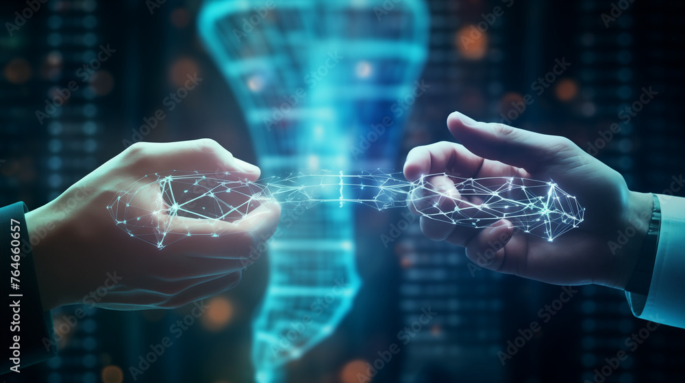 Aufkleber hands of robot and human touching on dna connecting in virtual interface on future, science and inno