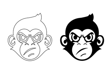 vector illustration sketch and silhouette of monkey head, isolated, black and white