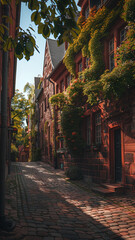 The suns rays peek through the trees onto the cobblestone street bordered by two buildings, creating a picturesque scene of light and shadows. Stories templates smartphone format phone background - 764660676