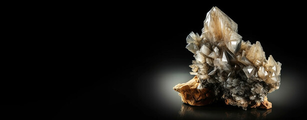 Barite is a rare precious natural stone on a black background. AI generated. Header banner mockup with space.