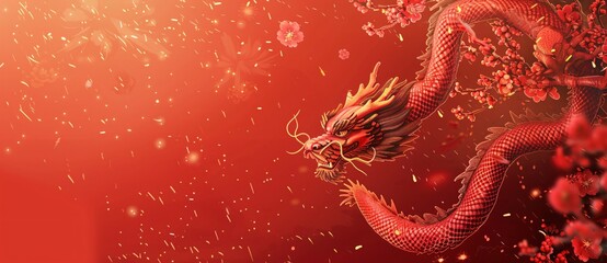 Red background with a Chinese dragon illustration an ink painting. A red and gold color scheme creates a Spring Festival atmosphere with decoration elements including peach blossoms flying in the air. - obrazy, fototapety, plakaty
