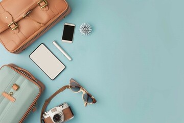  Minimalistic banner with a travel suitcase with travel accessories on a blue background with a free place to insert text, the concept of a vacation trip - obrazy, fototapety, plakaty