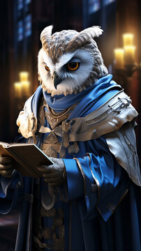 A robot owl, dressed in scholarly robes, delves into historical research with a human academic, ancient texts and digital databases open before them