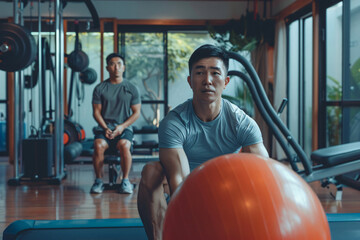 Man doing exercise and stretching in home gym, practicing flexibility with pilates ball at the gym, Asian man in sportswear training muscles with ball gym at fitness.Ai