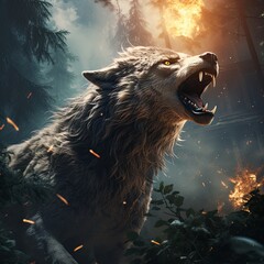 Ferocious Wolf Howling in a Fiery Forest - obrazy, fototapety, plakaty