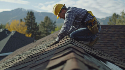 Professional roofer diligently working to complete installation of new roof