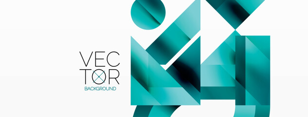 Fototapeta premium Geometric background with squares, triangles, circles. Shapes harmoniously interact, creating visually striking design for digital designs, presentations, website banners, social media posts