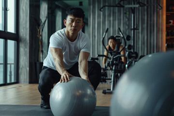 Man doing exercise and stretching in home gym, practicing flexibility with pilates ball at the gym, Asian man in sportswear training muscles with ball gym at fitness.Ai