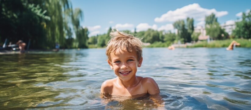 A young boy standing in the water, with a joyful expression on his face as he looks at the camera