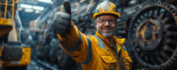 Confident miner with a thumbs up in a coal mine, showcasing safety and work satisfaction