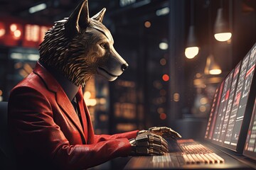 Wolf-Headed Businessman Analyzing Data at Workstation - obrazy, fototapety, plakaty