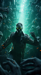 Zombies in a matrix-like digital world chase after the glowing essence of Bitcoin, a fusion of horror and technology, 3D render