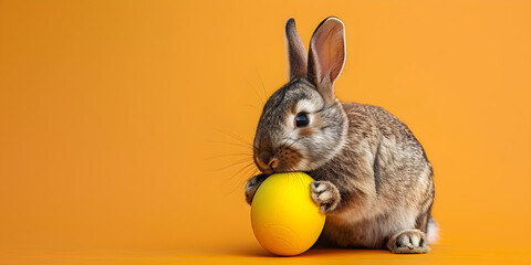 Fototapeta na wymiar Bunny embracing yellow Easter egg on an orange background. Perfect for Easter holiday-themed designs and decorations.