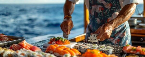 Chef preparing gourmet sushi on a yacht with the ocean backdrop
