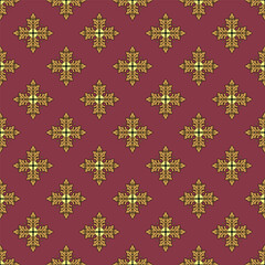 Fototapeta premium Seamless pattern with hand drawn golden classic floral rosette motifs on a red background