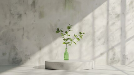 Clean, Blank Polished Cement Wall With Tropical Dracaena Tree in Round Black Pot Gold Stand on Cement Floor in Sunlight for Loft Interior Design Decoration, Appliance, Furniture Product Background 3D
