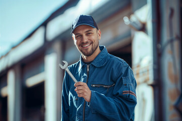 A happy mechanic in a blue uniform holding a wrench in a garage - 764661868