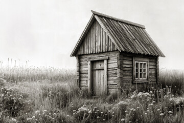 Vintage Wooden Shed Cabin in Serene Meadow: Rustic Countryside Charm