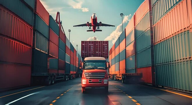 Container truck in ship port for business Logistics and transportation of Container Cargo ship and Cargo plane, logistic import export and transport concept