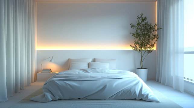 A white bedroom with a bed, a nightstand, and a potted plant