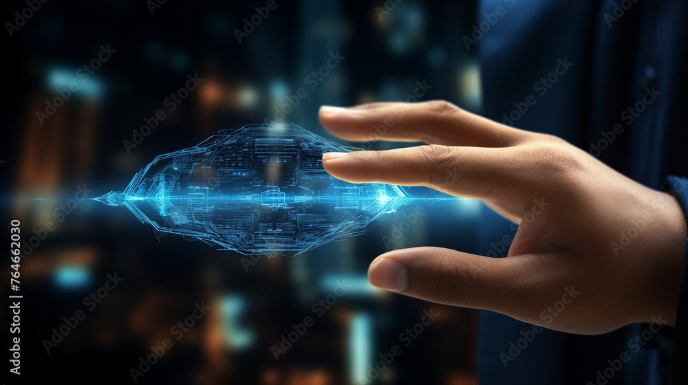 Poster hand touching modern interface digital transformation and metaverse concept. connection next generat