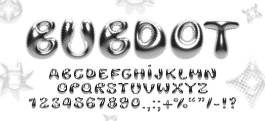 Y2K 3D font with metallic bubble letters, featuring halftone dots, 2000s influence, retro photocopy effect, glossy, shiny chrome alphabet for modern design