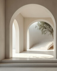 A white room with a tree in the middle and a staircase leading up to it