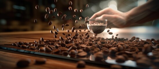 Coffee beans fly in front of a dark brown wooden banner - obrazy, fototapety, plakaty